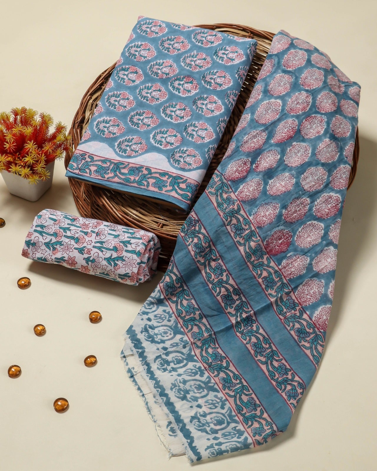 Shop unstitched block print cotton suit sets with mulmul dupatta (PRMUL62)