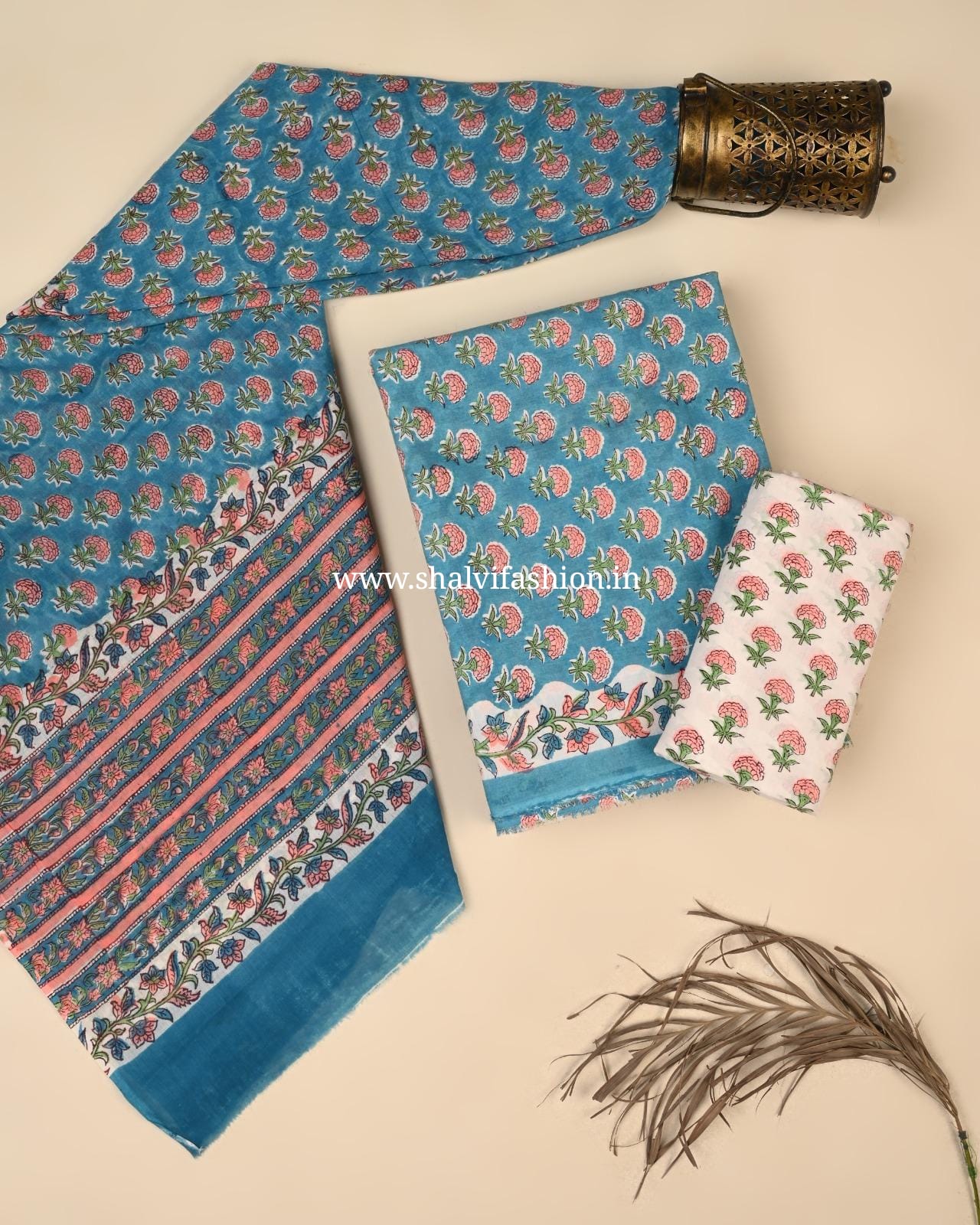 Shop block printed cotton suits with mulmul dupatta (PRMUL637)