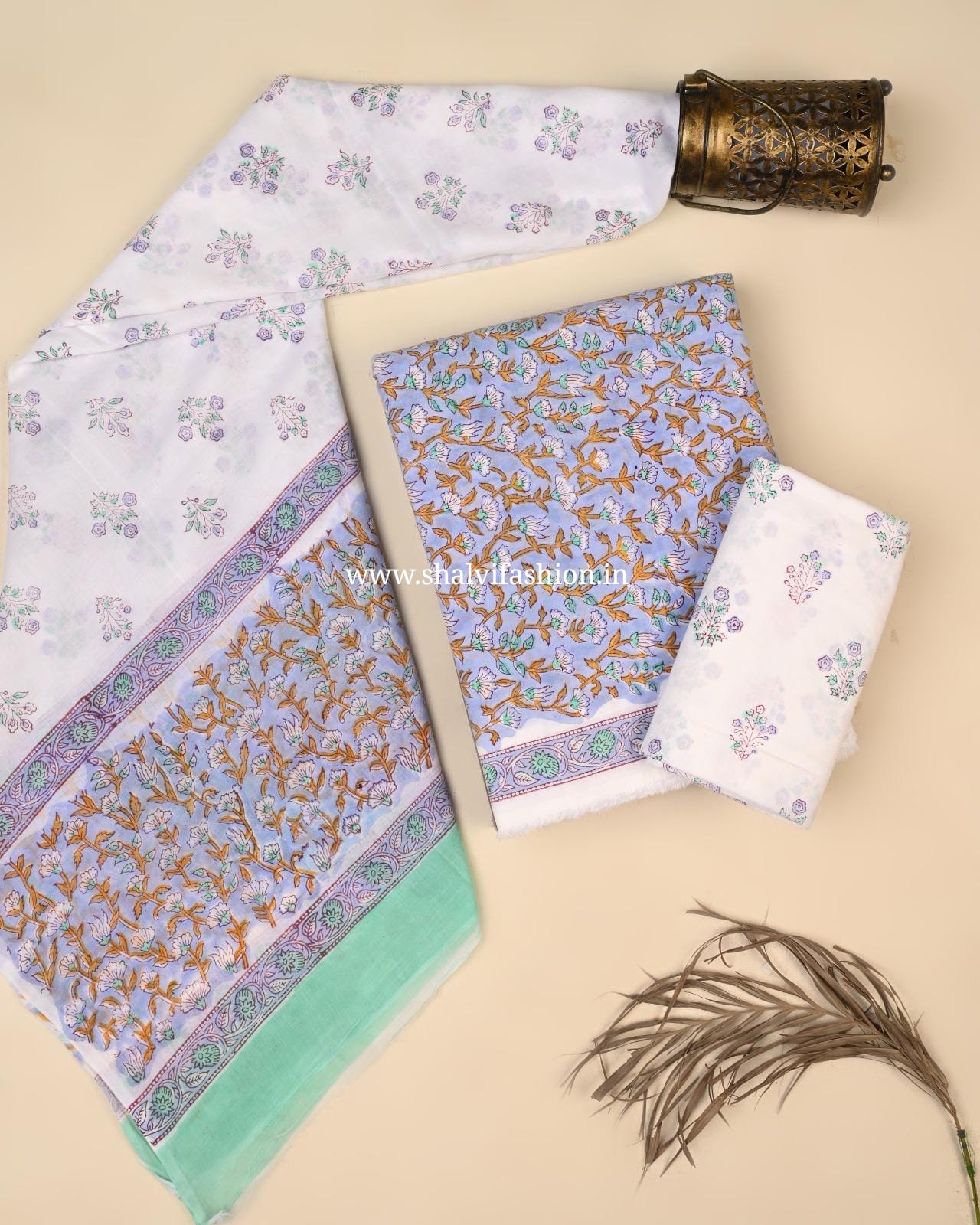 Shop unstitched block print cotton suits with mulmul dupatta (PRMUL638)