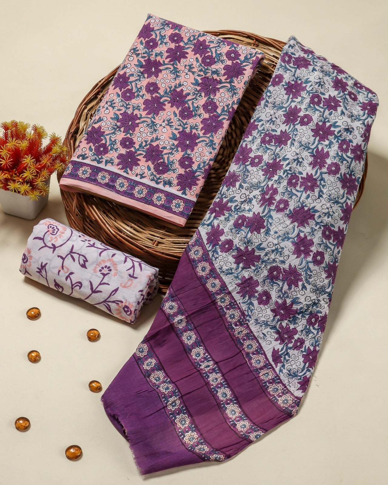 Shop unstitched block print cotton suit sets with mulmul dupatta in jaipur (PRMUL64)