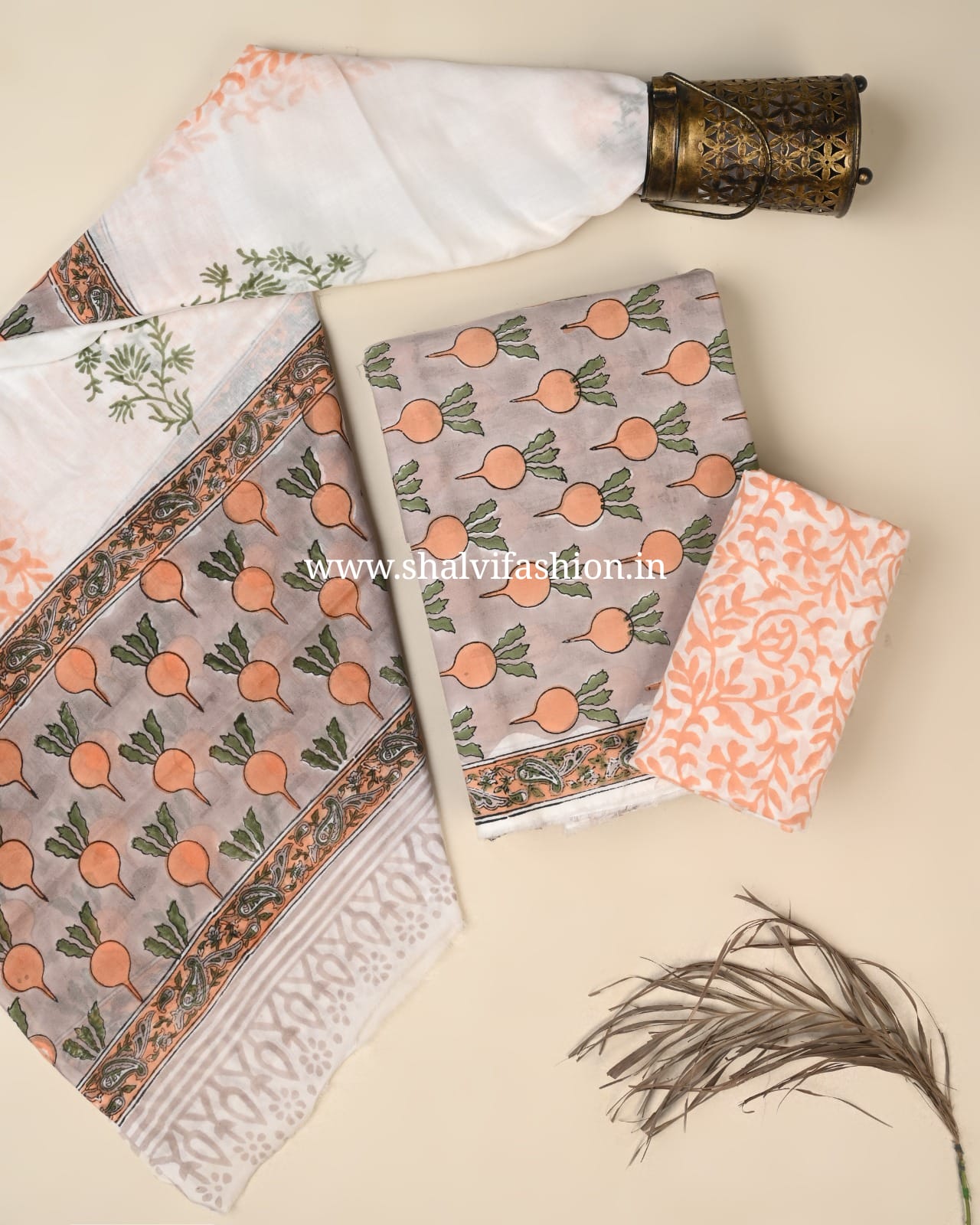 Shop hand block print cotton suits with mulmul dupatta (PRMUL658)