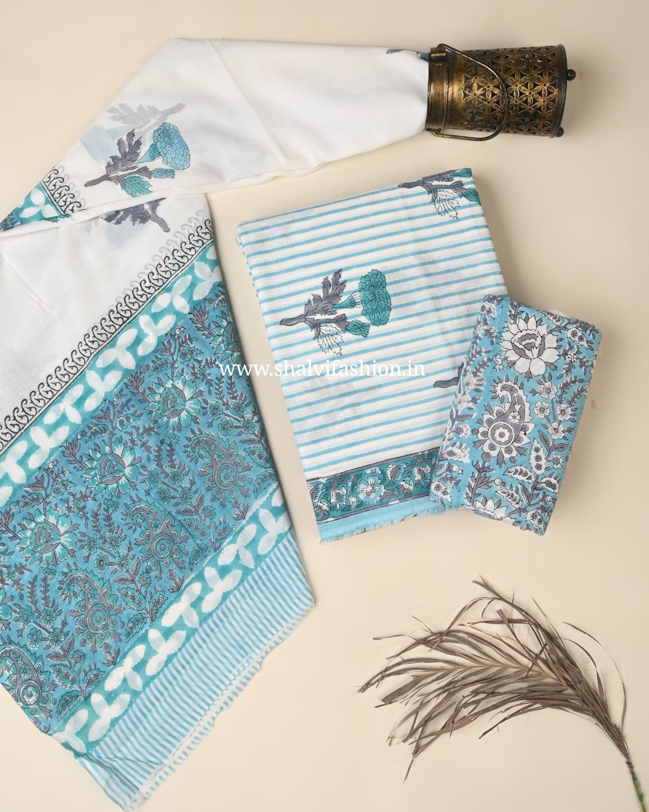Shop hand block printed cotton suits with mulmul dupatta (PRMUL669)
