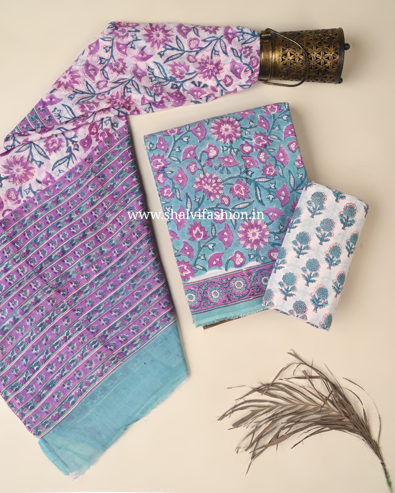 Shop unstitched block printed cotton suits with mulmul dupatta (PRMUL671)