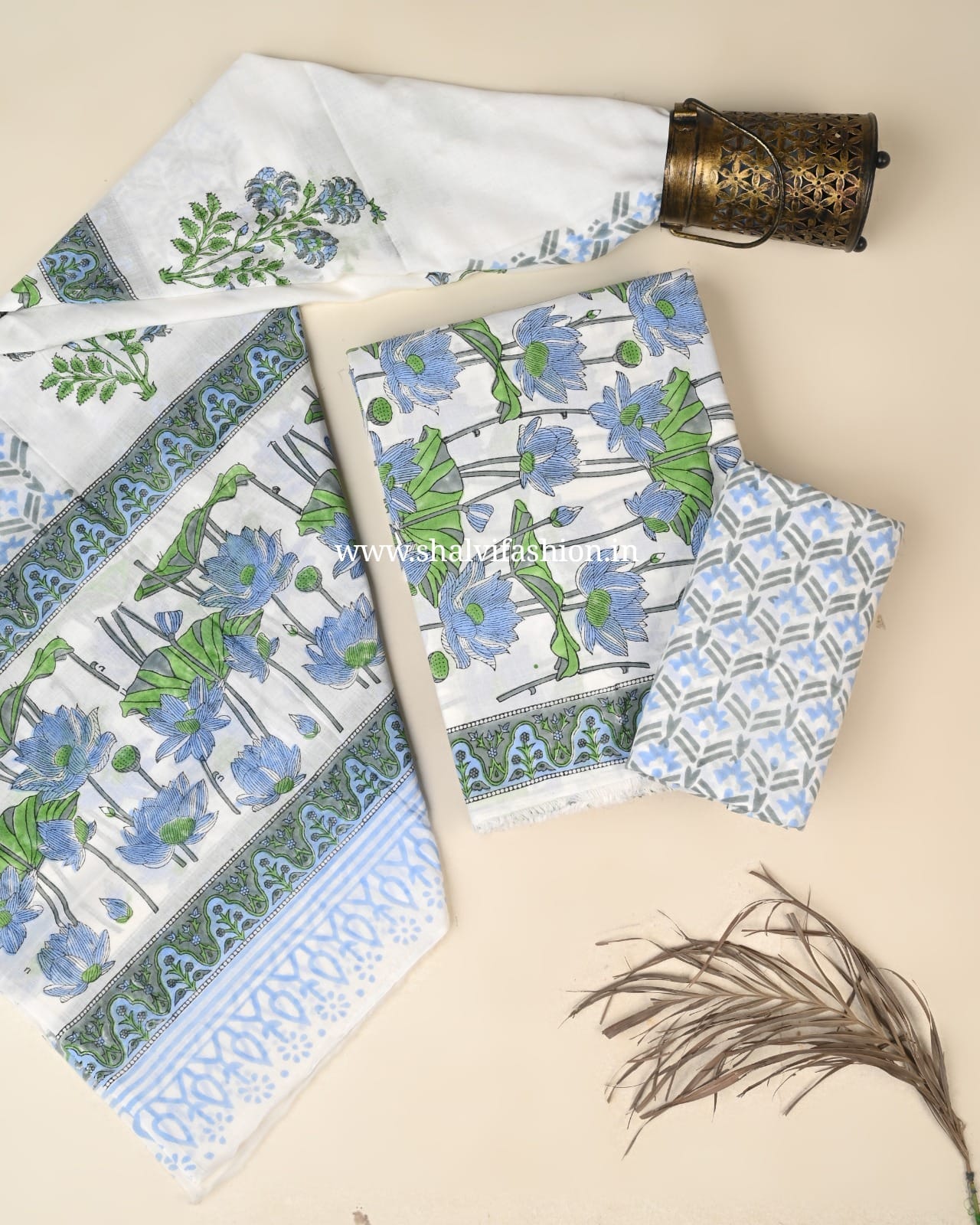 Shop unstitched block print cotton suits with mulmul dupatta (PRMUL687)