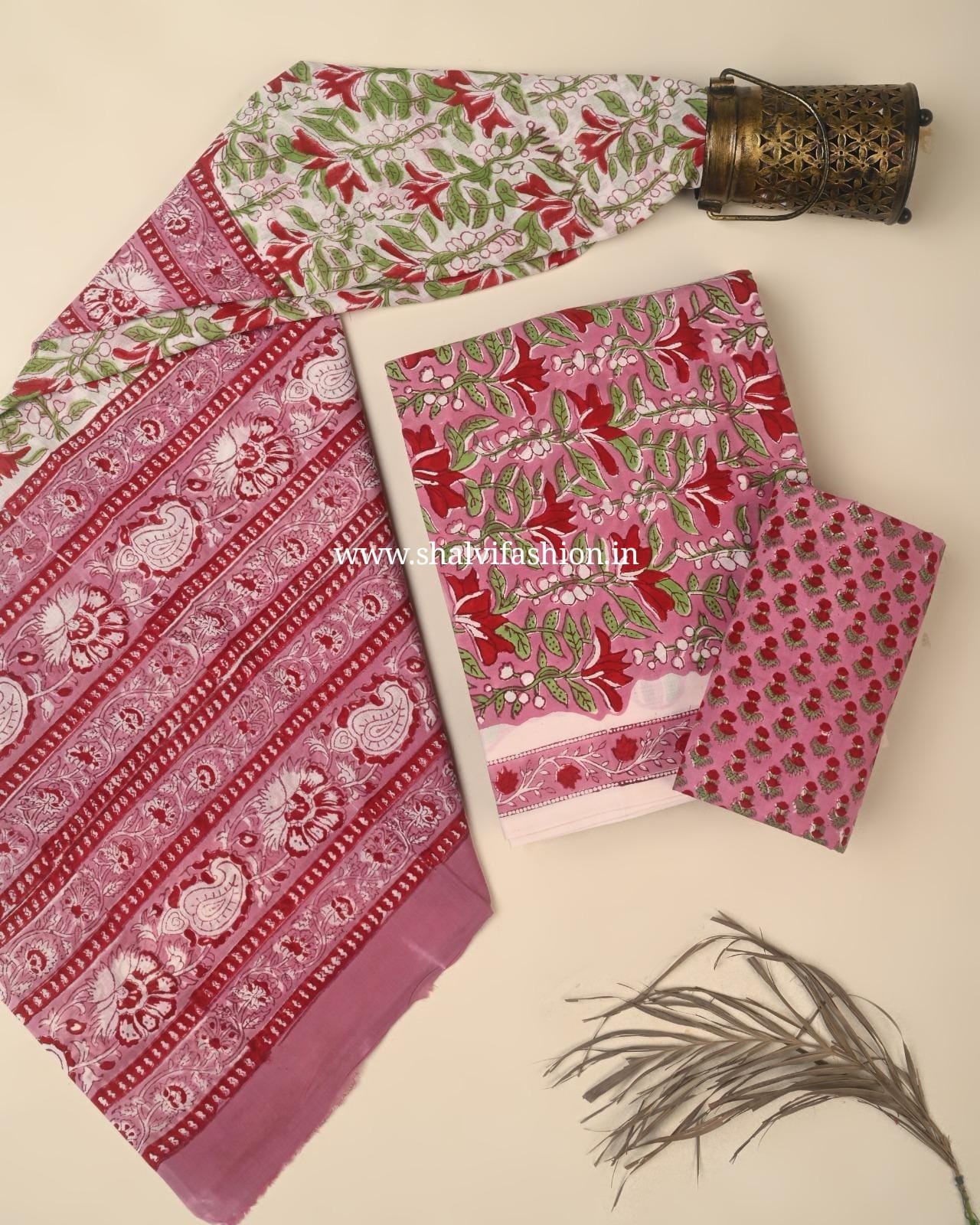 Shop unstitched block print cotton suits with mulmul dupatta (PRMUL693)