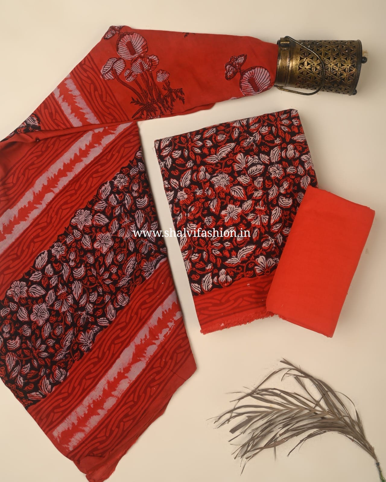 Shop jahota print cotton suits with mulmul dupatta online (PRMUL695)