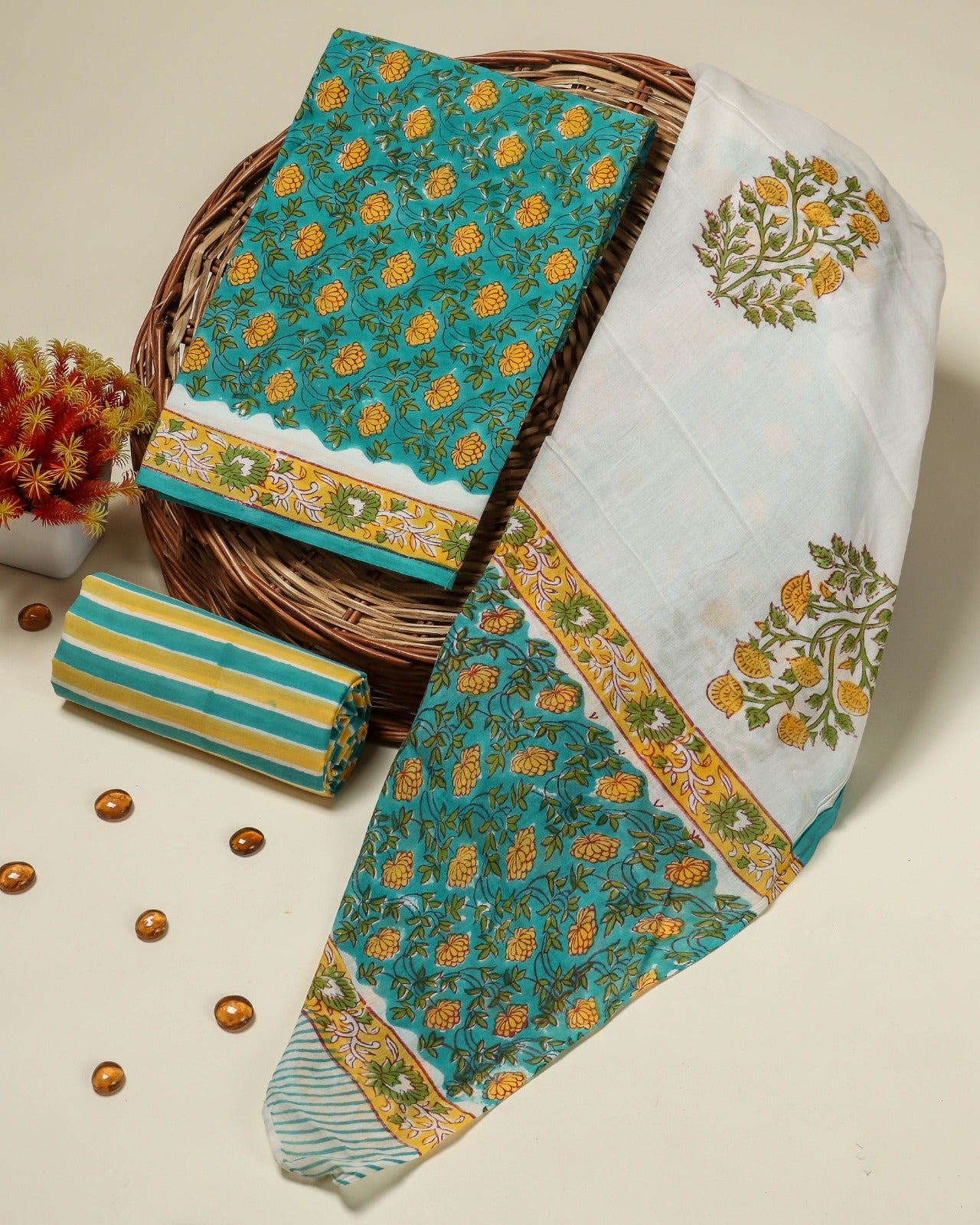 Shop hand block print cotton suits with mulmul dupatta (PRMUL77)