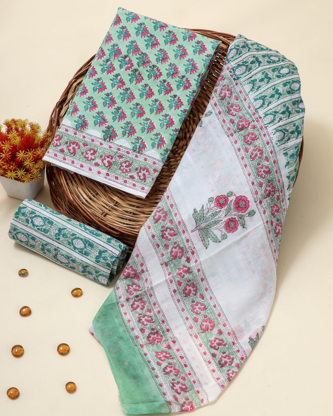 Shop jaipuri print cotton suit sets with mulmul dupatta (PRMUL92)