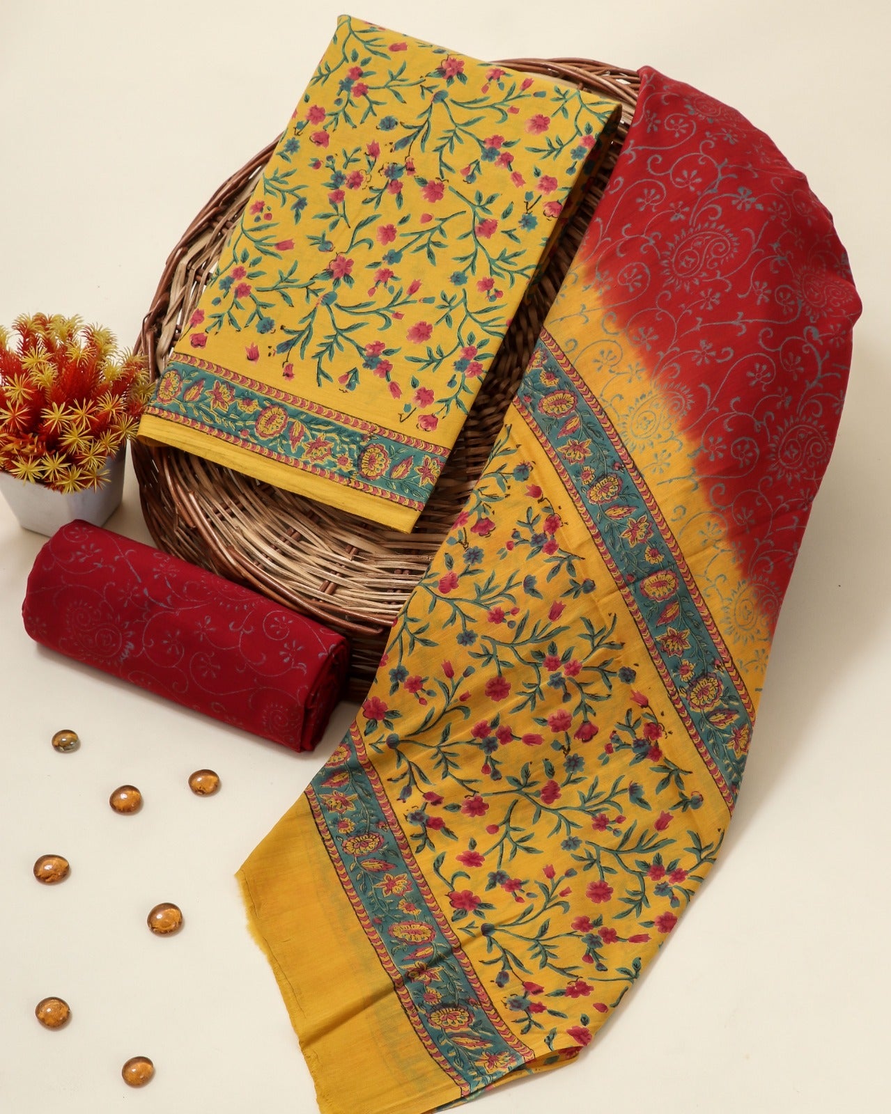 Shop unstitched block printed cotton suits with mulmul dupatta (PRMUL93)