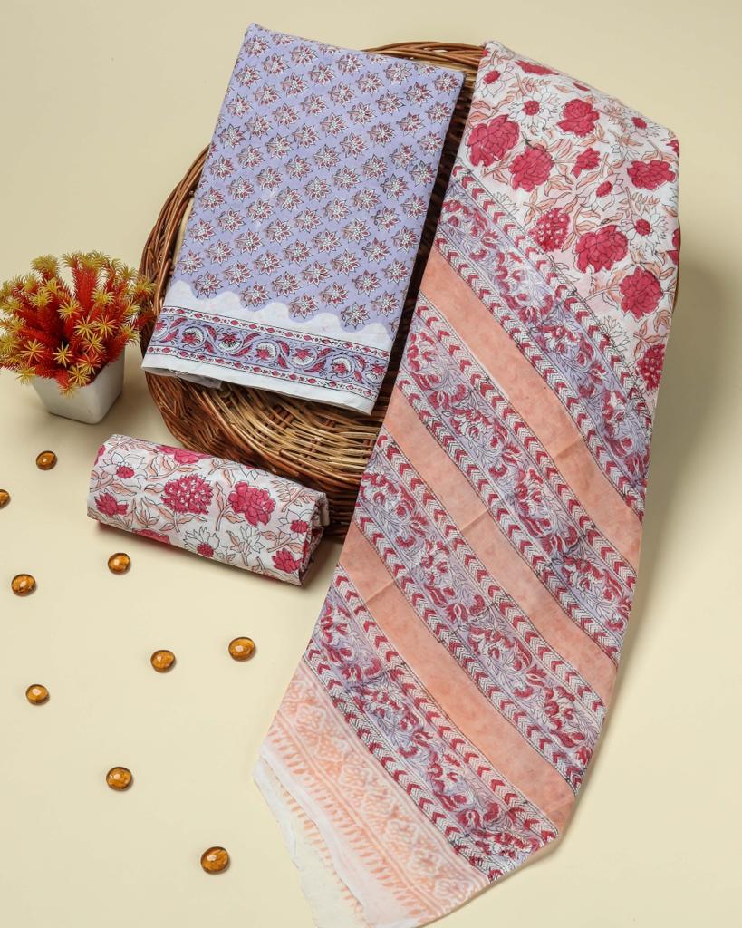 Shop unstitched jaipuri print cotton suits with mulmul dupatta (PRMUL155)