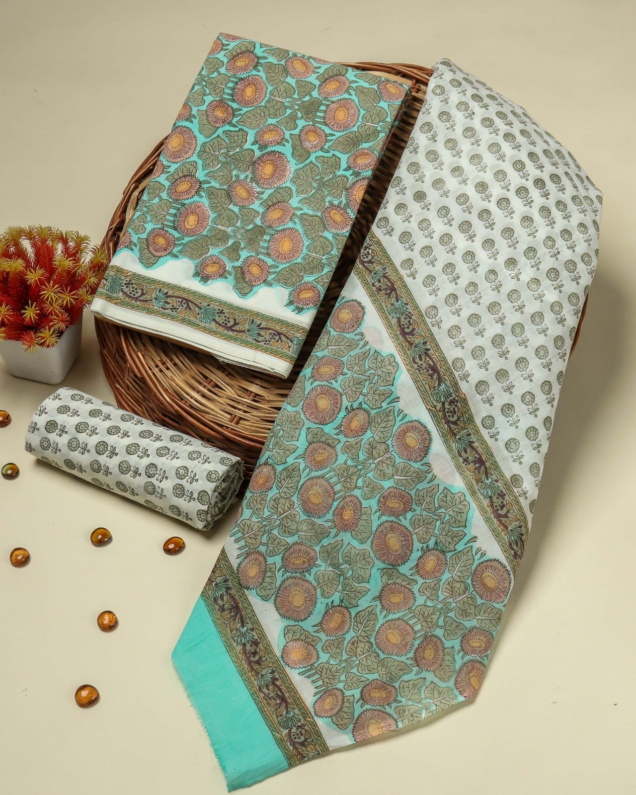 Shop block printed cotton suits with mulmul dupatta (PRMUL170)