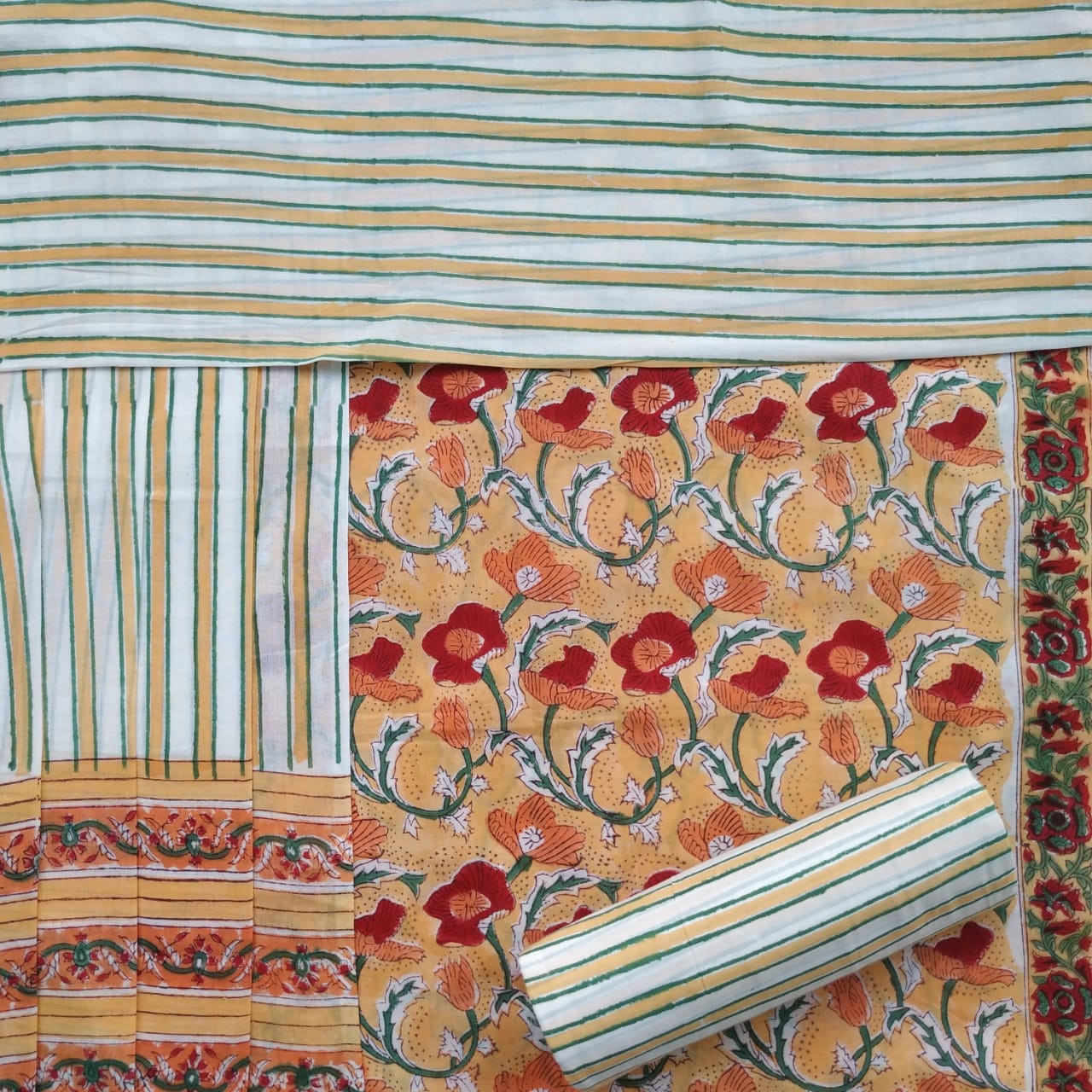 shop unstitched hand block print cotton suit with mulmul dupatta