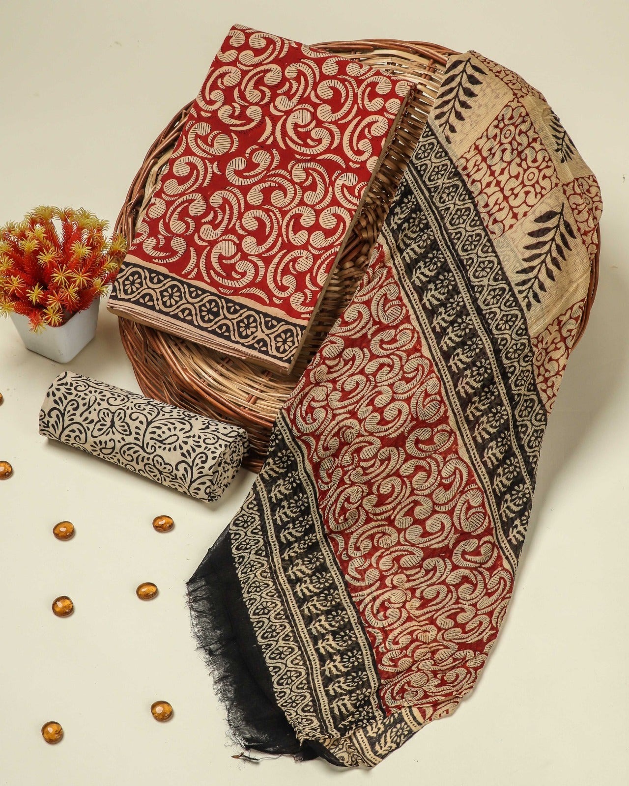 Shop unstitched cotton suit set with chiffon dupatta (RCHF10)