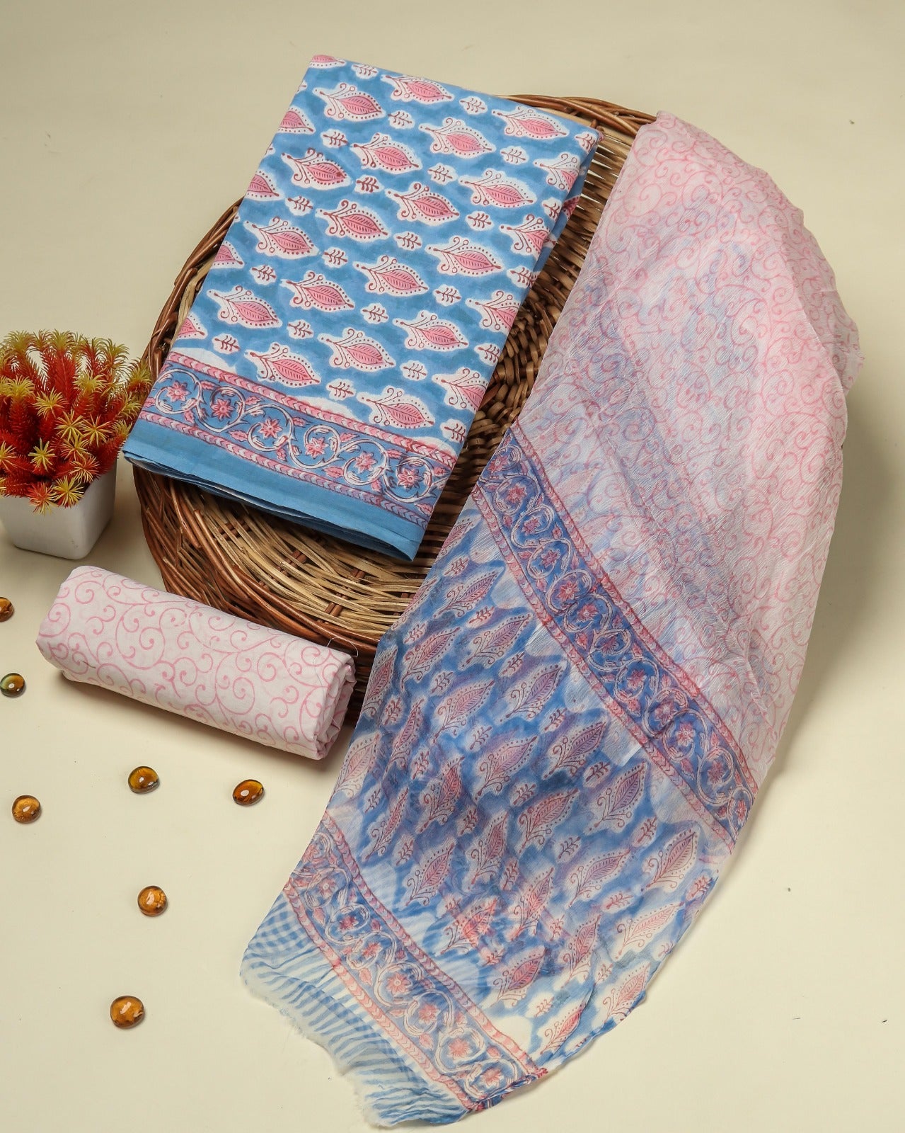 Shop unstitched cotton suits with chiffon dupatta online shopping (RCHF15)