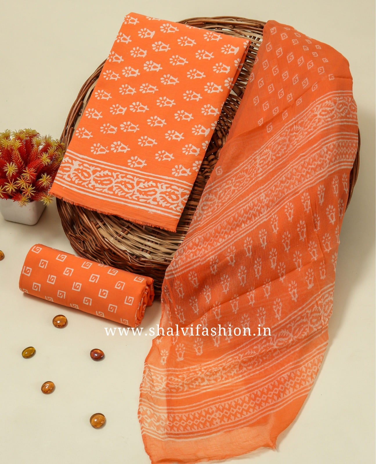 Shop hand block print cotton suits with chiffon dupatta (RCHF17)