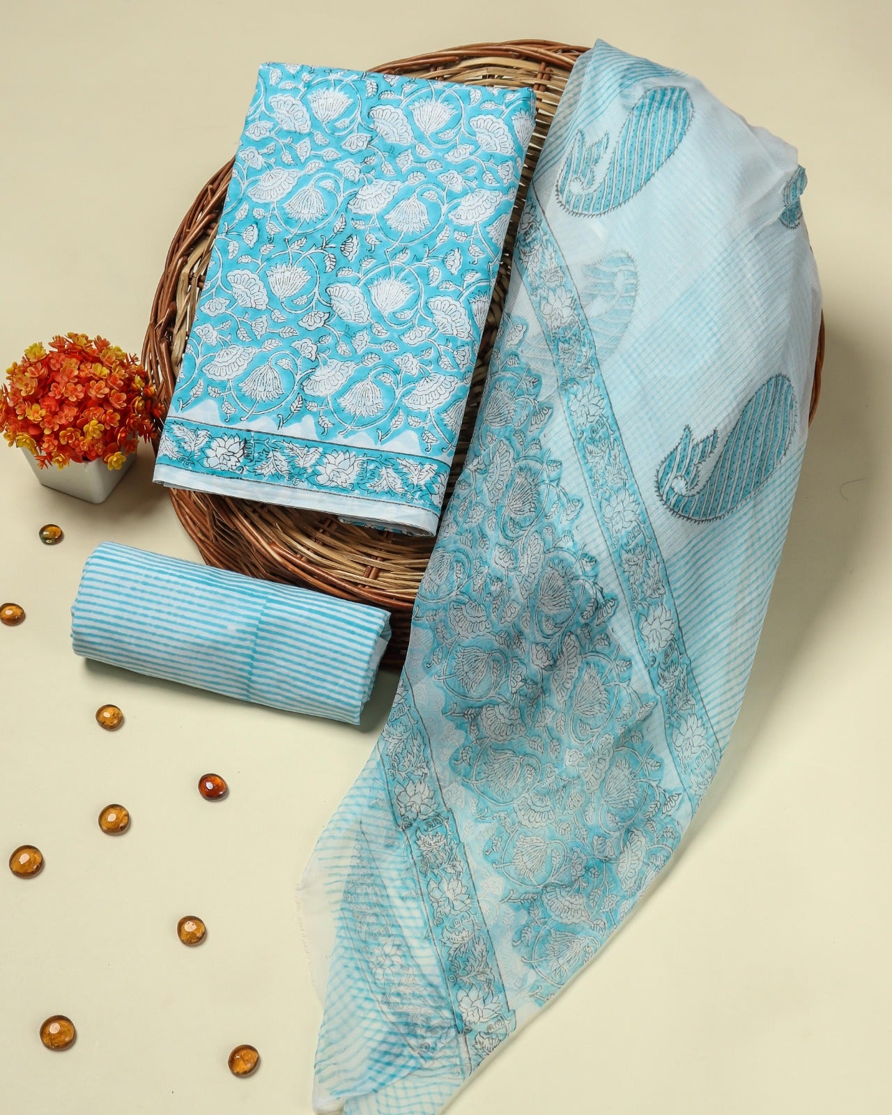 Shop unstitched cotton suits with chiffon dupatta (RCHF19)