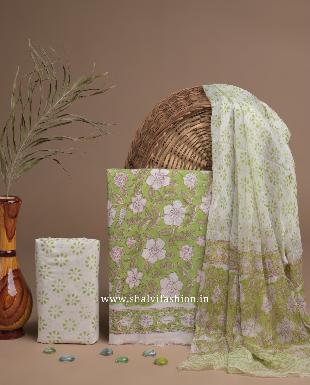 Shop block print cotton suits with chiffon dupatta (RCHF29)