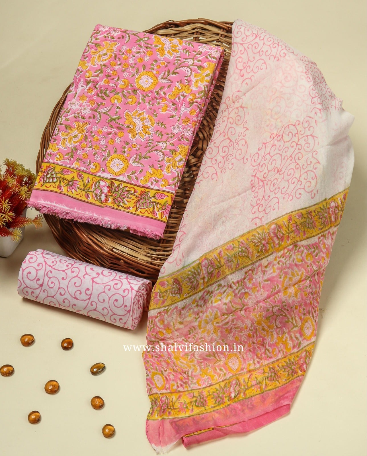 Shop hand block print cotton suits with chiffon dupatta (RCHF31)