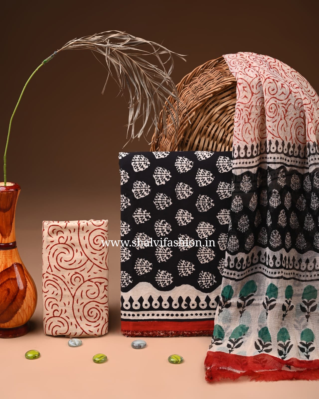 Shop hand block print cotton suits with chiffon dupatta (RCHF38)