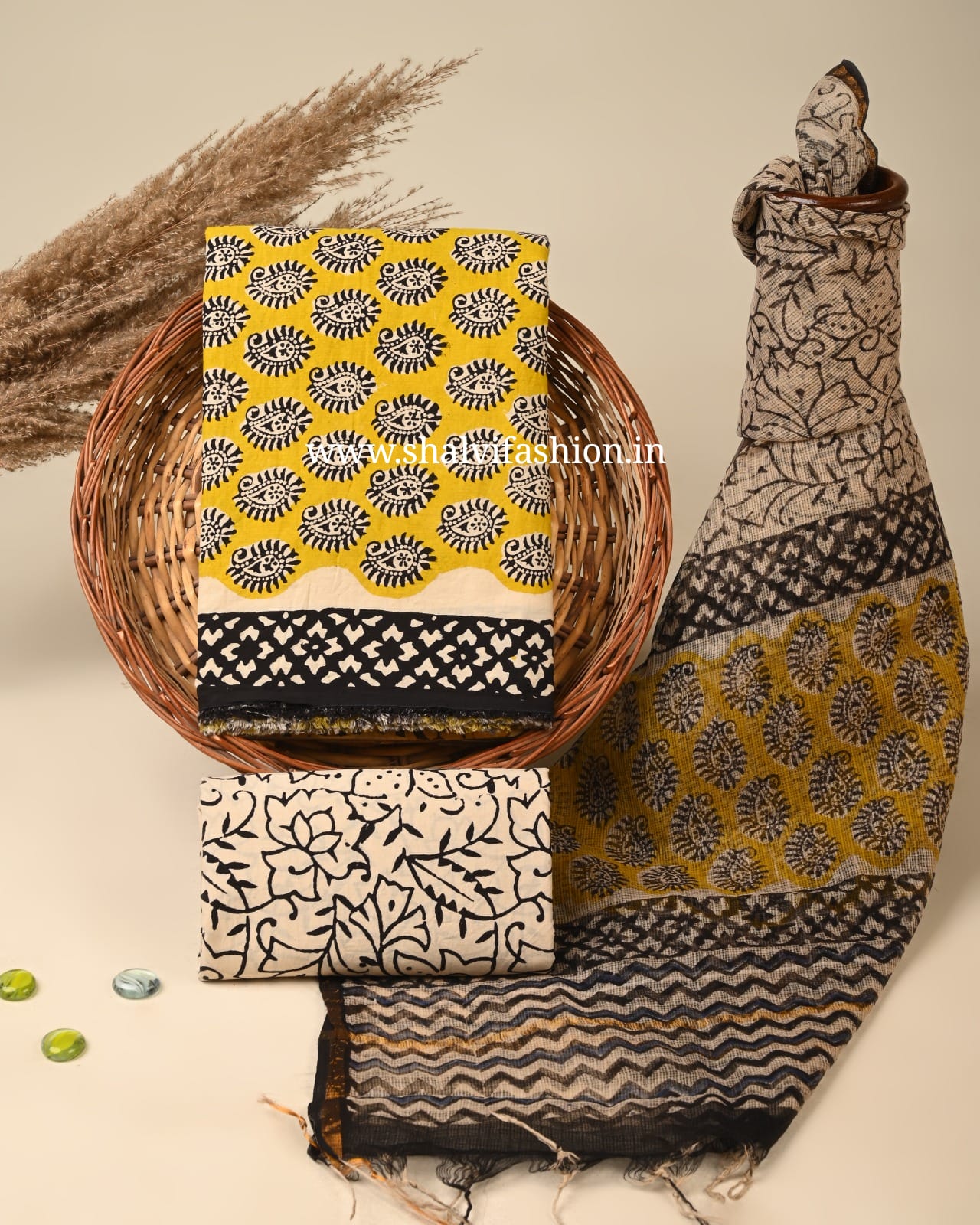 Shop block printed cotton suits with kota doria dupatta (RKD110)
