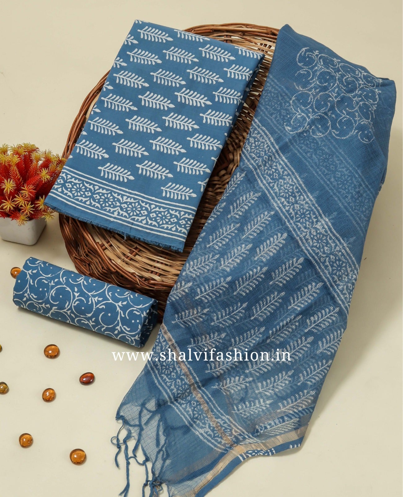 Shop block print cotton suits with kota doria dupatta (RKD142)