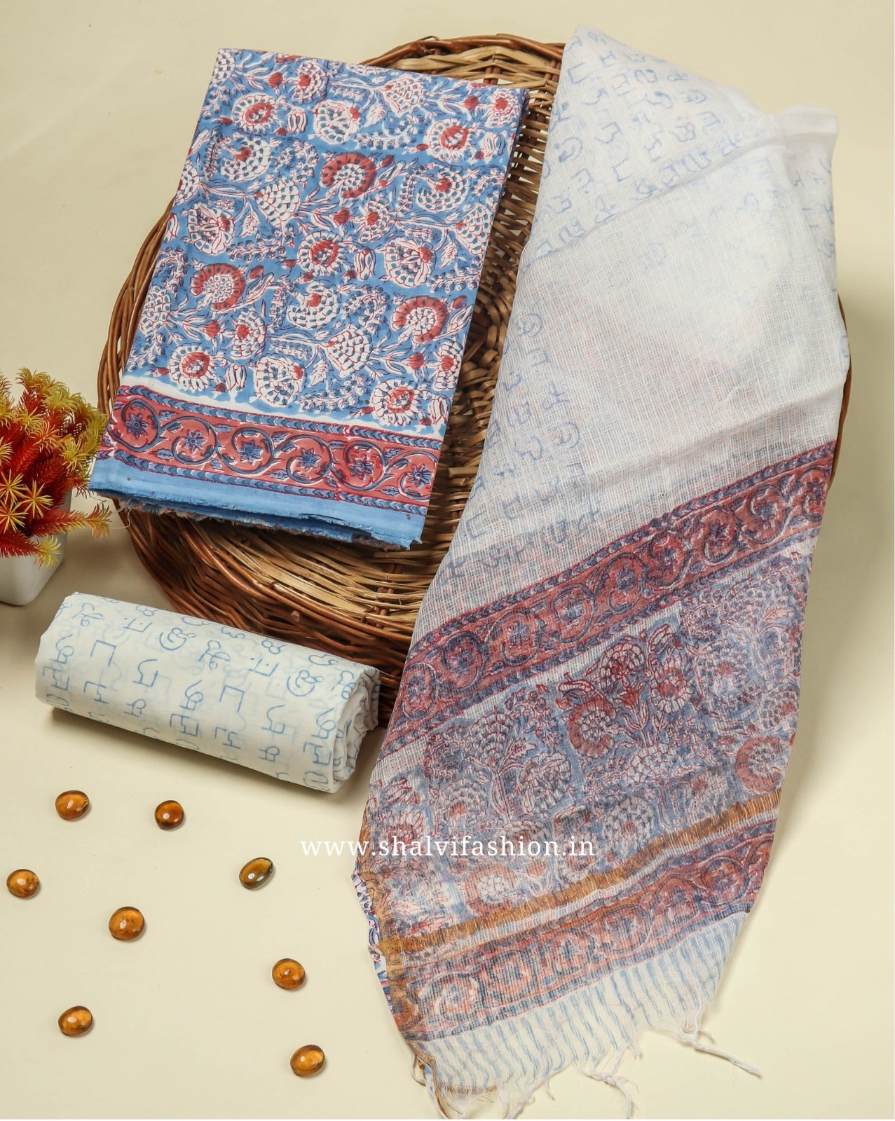 Shop block printed cotton suits with kota dupatta (RKD158)