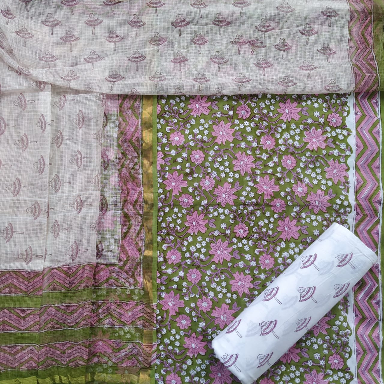 Elegant Hand Block Print Cotton Suit Set Kota Doria Dupatta (RKD31)