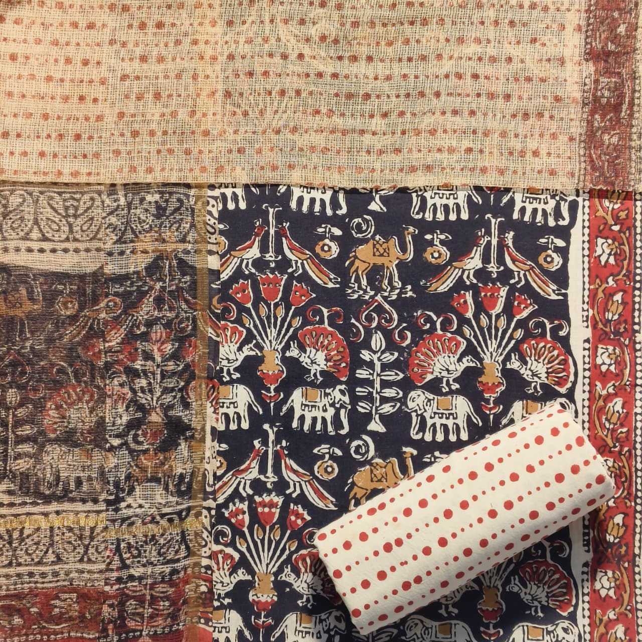 Shop block printed cotton suits with kota dupatta (RKD95)