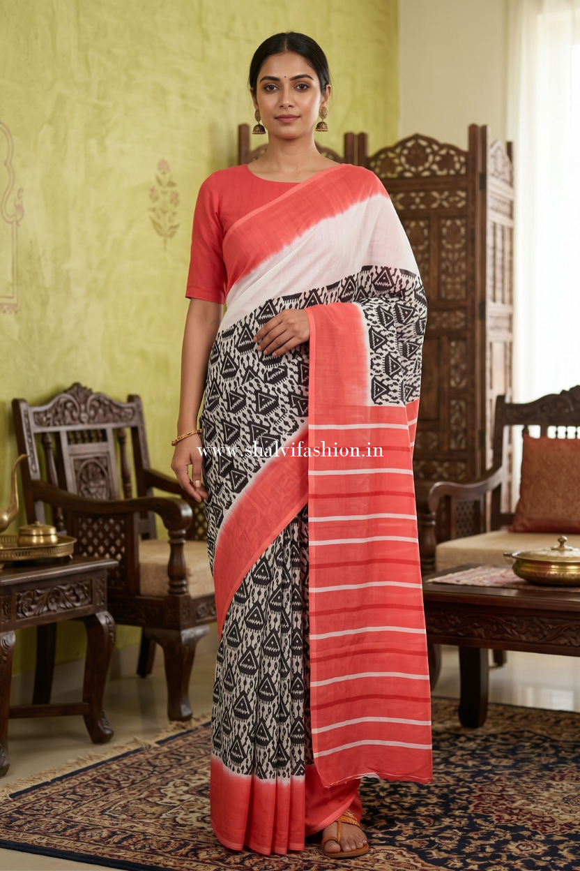 Stylish Black and White Pure Cotton Sarees (RMULSAR04) - ShalviFashion