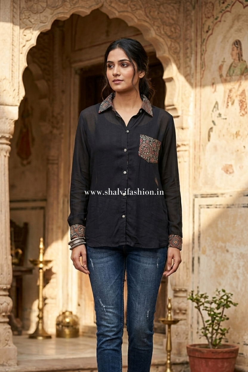 Shop ajrak print modal silk shirts in jaipur (TOP67)