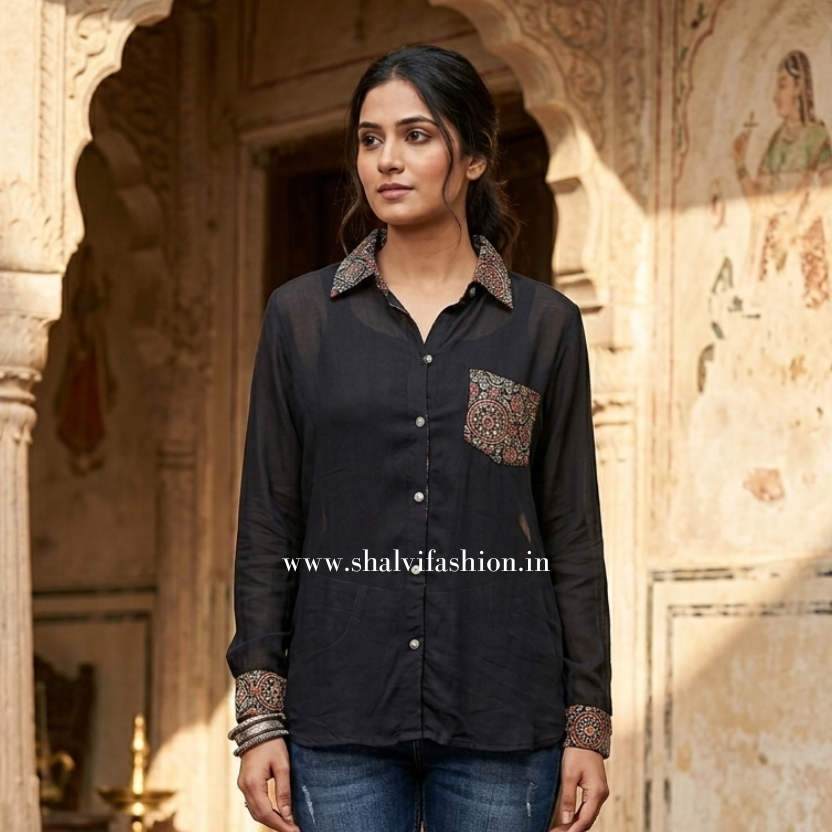 Shop ajrak print modal silk shirts in jaipur (TOP67)