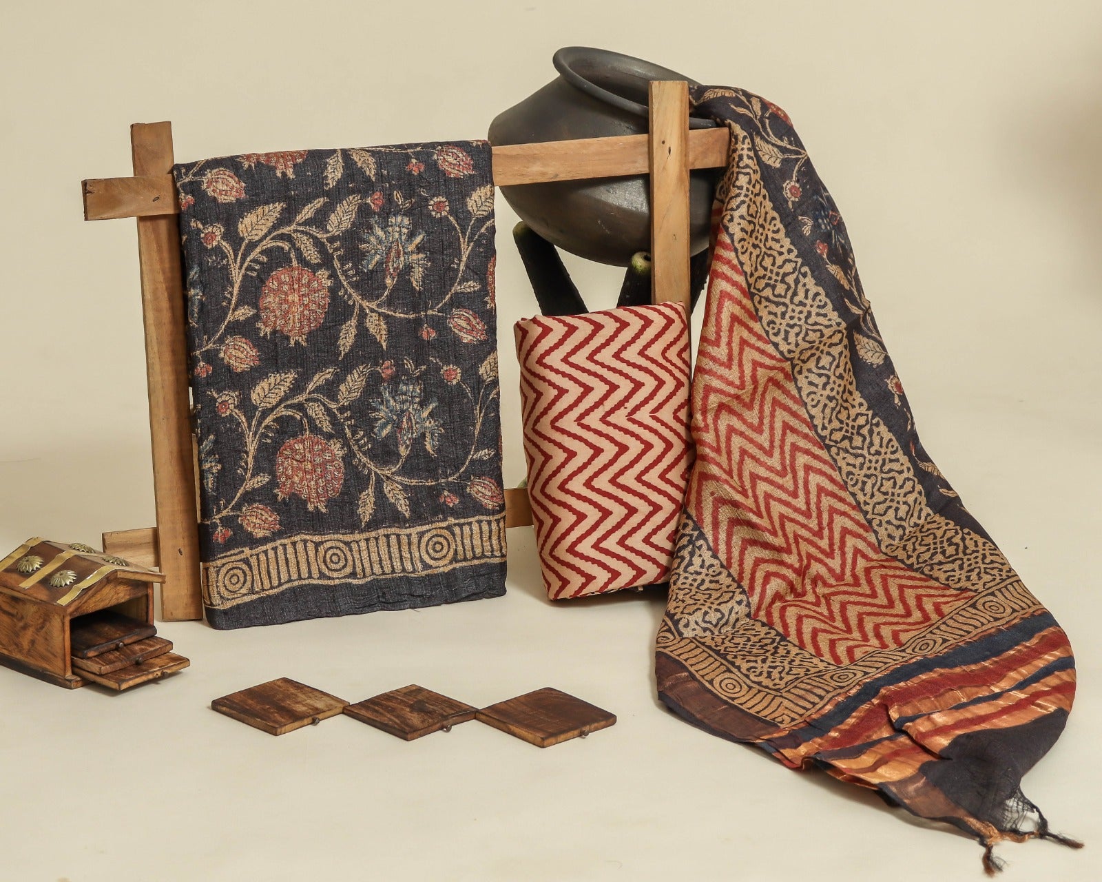 Shop unstitched block printed tussar silk suits online (TUS15)