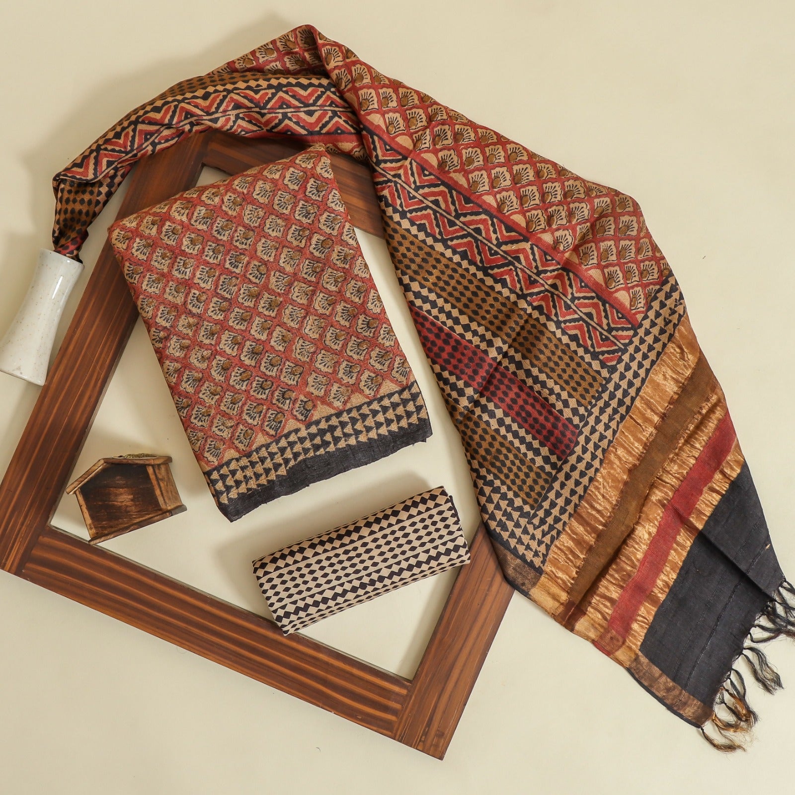 Shop unstitched block printed tussar silk suits in jaipur (TUS19)