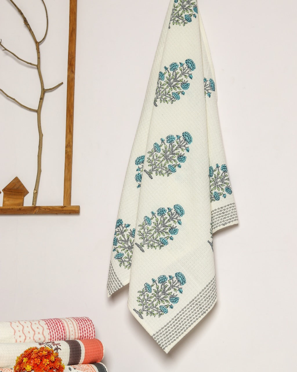 Shop waffle cotton block print towels (TWL06)