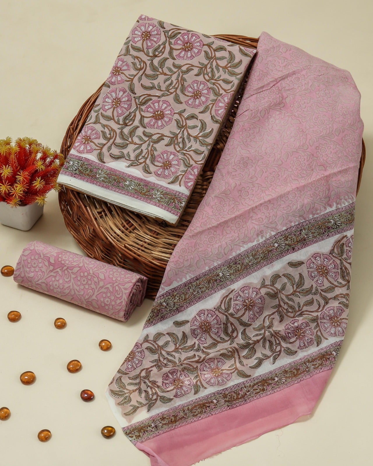 Floral Jaal Print Cotton Suit Set with Mulmul Dupatta (PRMUL200)