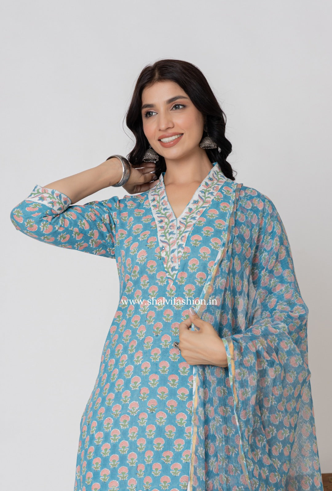 Shop block print cotton suits with kota dupatta online (CSS364)