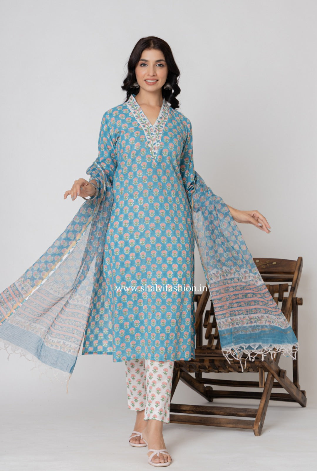 Shop block print cotton suits with kota dupatta online (CSS364)