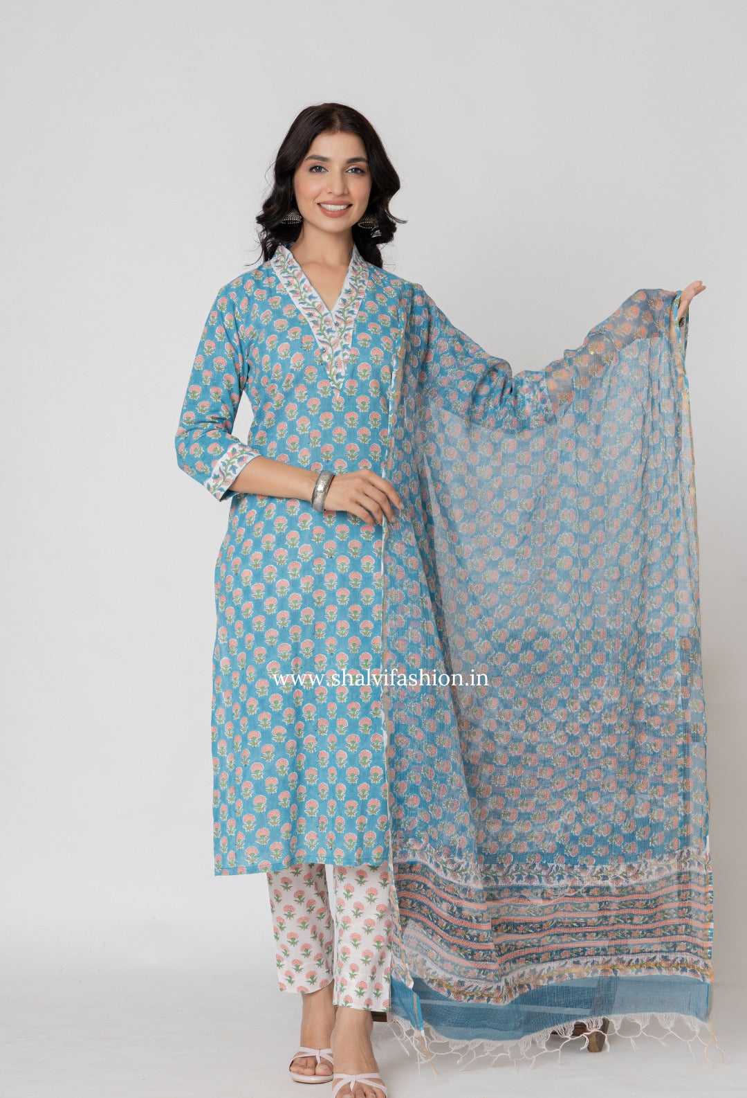 Shop block print cotton suits with kota dupatta online (CSS364)
