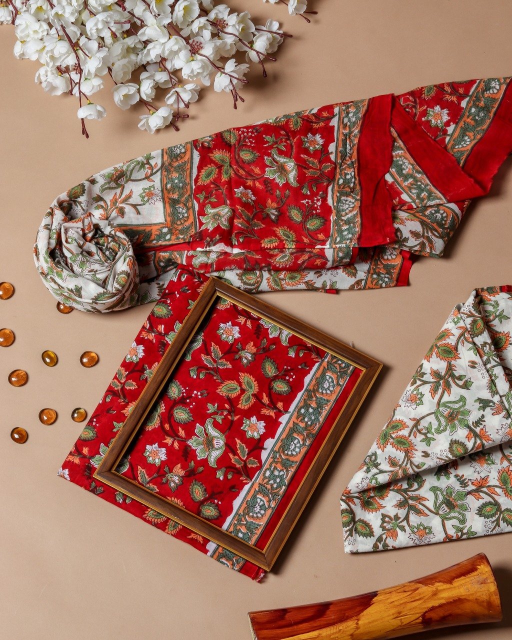 Shop Unstitched Hand Block Print Pure Cotton Suits with Mulmul Dupatta (TPRMUL113)