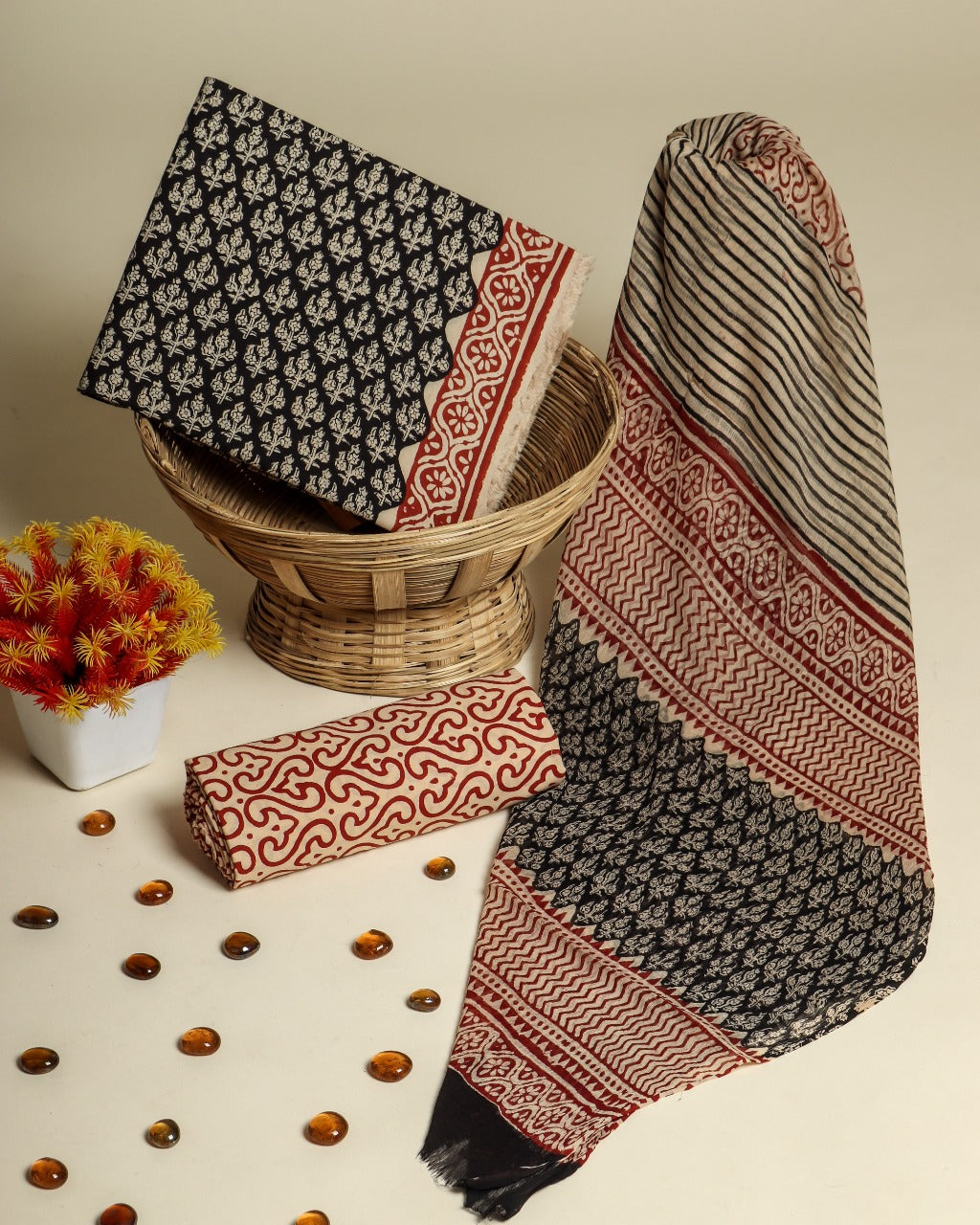 Shop Unstitched Bagru Print Pure Cotton Suits with Chiffon Dupatta (RCHF62)