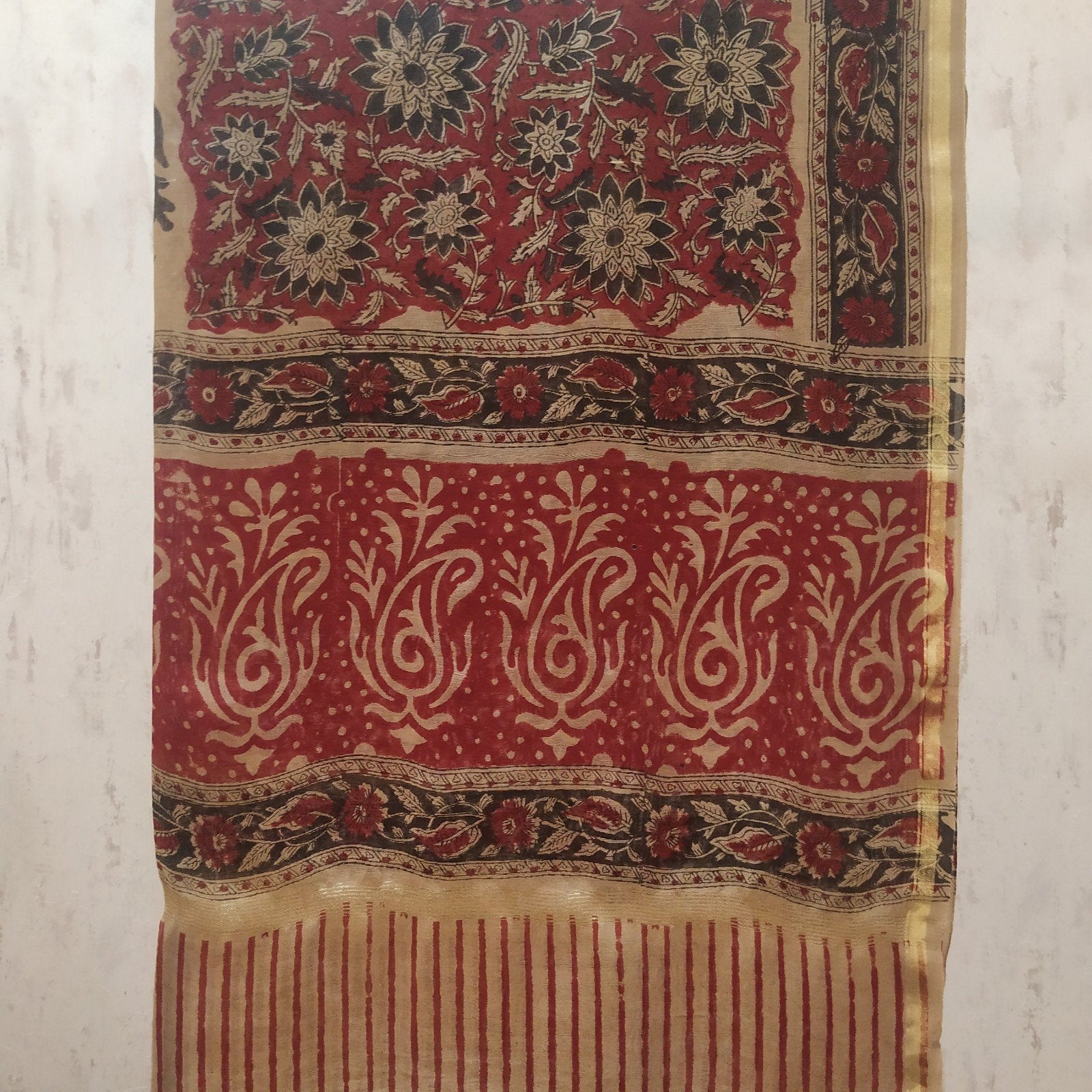 Hand Block Grey and red Jaal Print Chanderi Two piece set (2CH12) - ShalviFashion