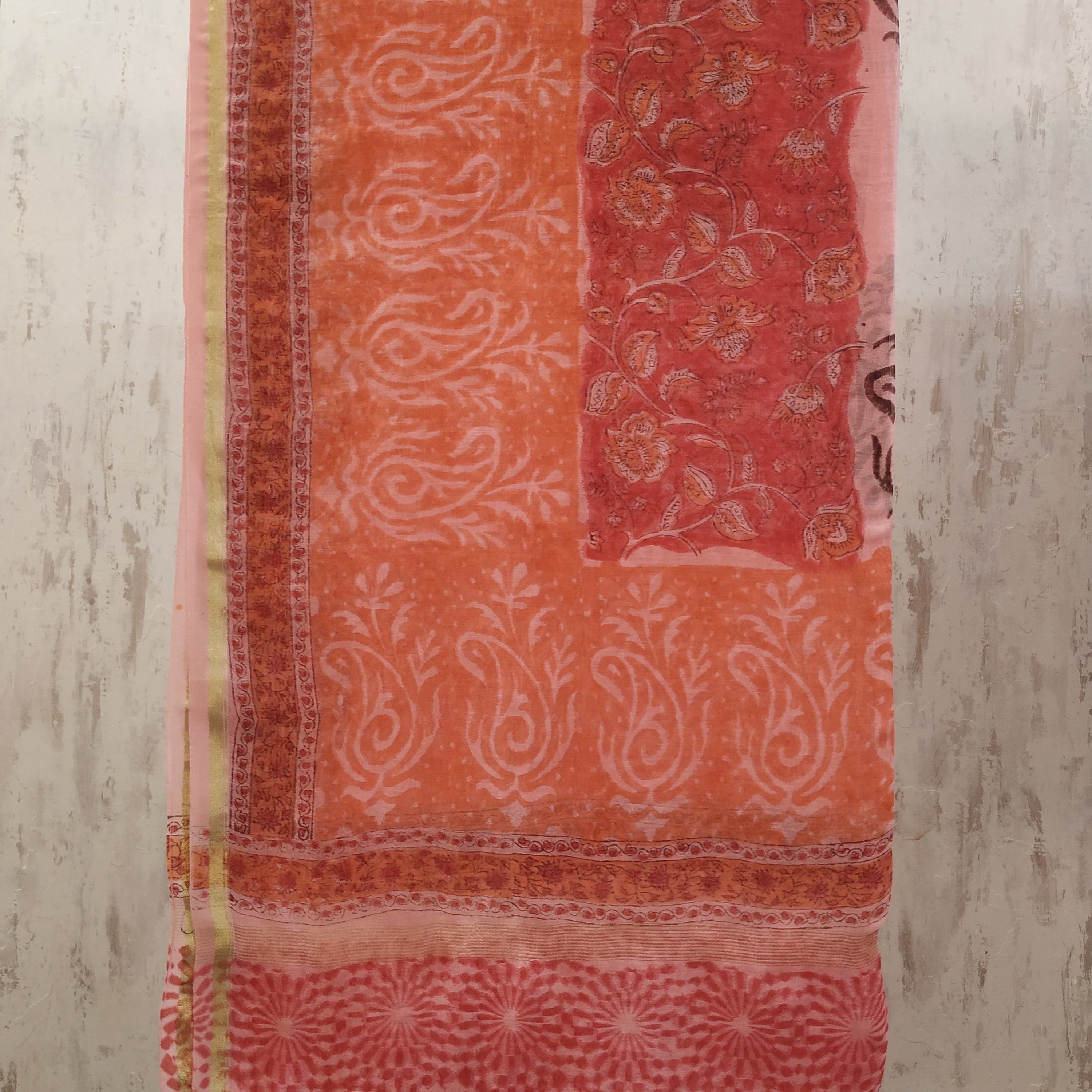 Hand Block Floral Red Jaal Print Chanderi Two piece set (2CH20) - ShalviFashion