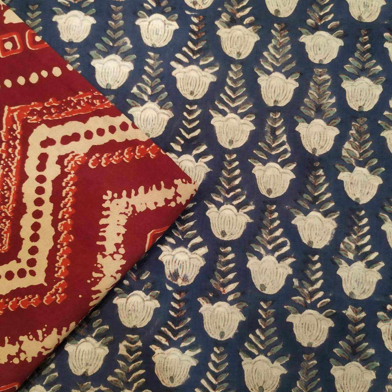 Designer Hand Block Print Pure Cotton Running Fabric (2PBP43) - ShalviFashion