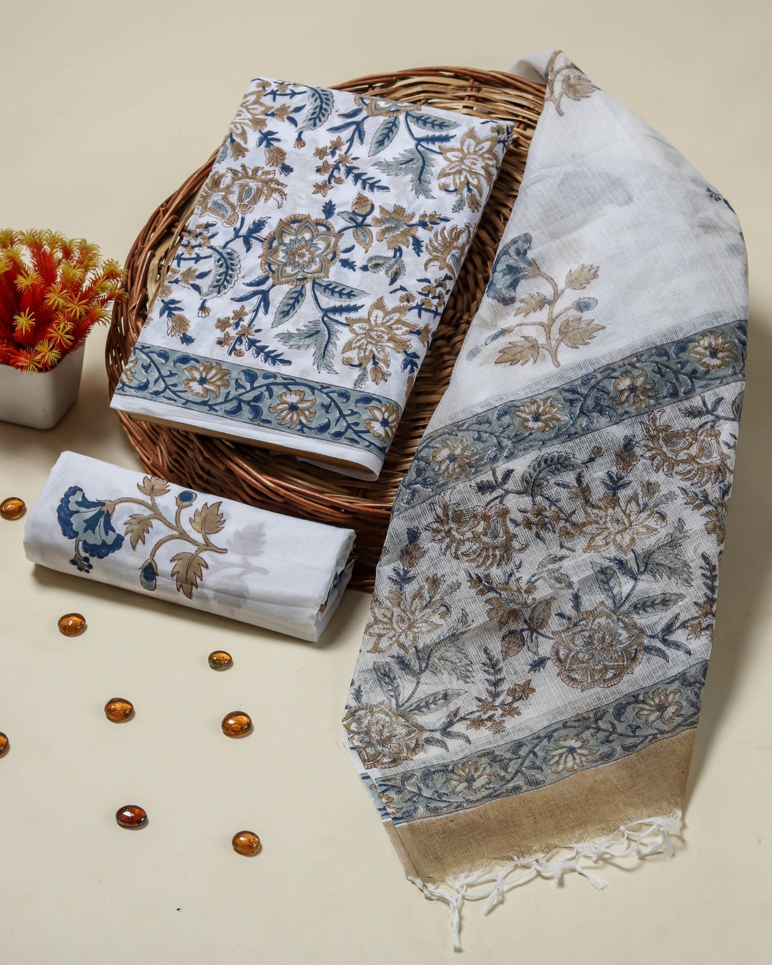 Shop unstitched kota doria dupatta cotton suits online (3CKD08)