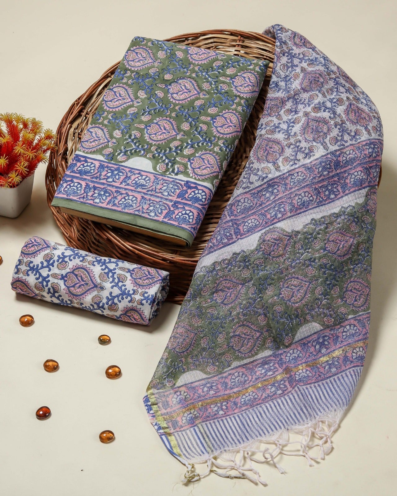 Shop hand block print cotton suits with kota dupatta (3CKD09)