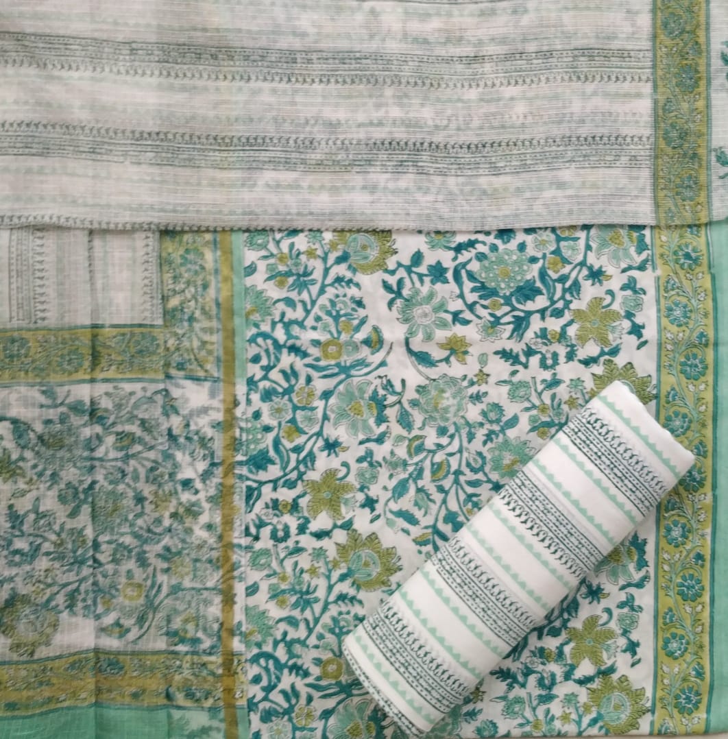 Hand Block Print Pure Cotton Suit with Kota Doria Dupatta (3CKD128) - ShalviFashion