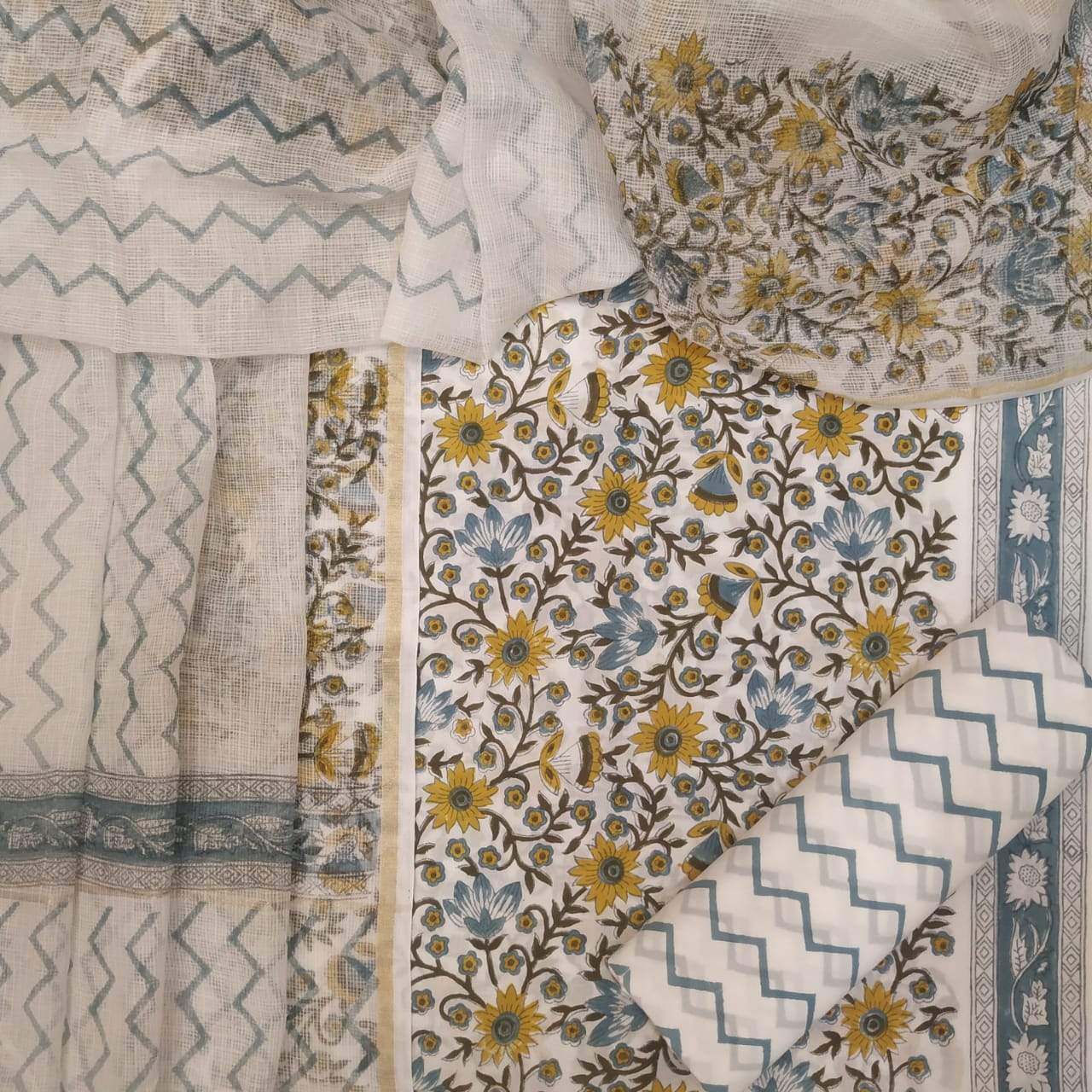 Traditional Floral Print Pure Cotton Suit with Kota Doria Dupatta (3CKD152) - ShalviFashion