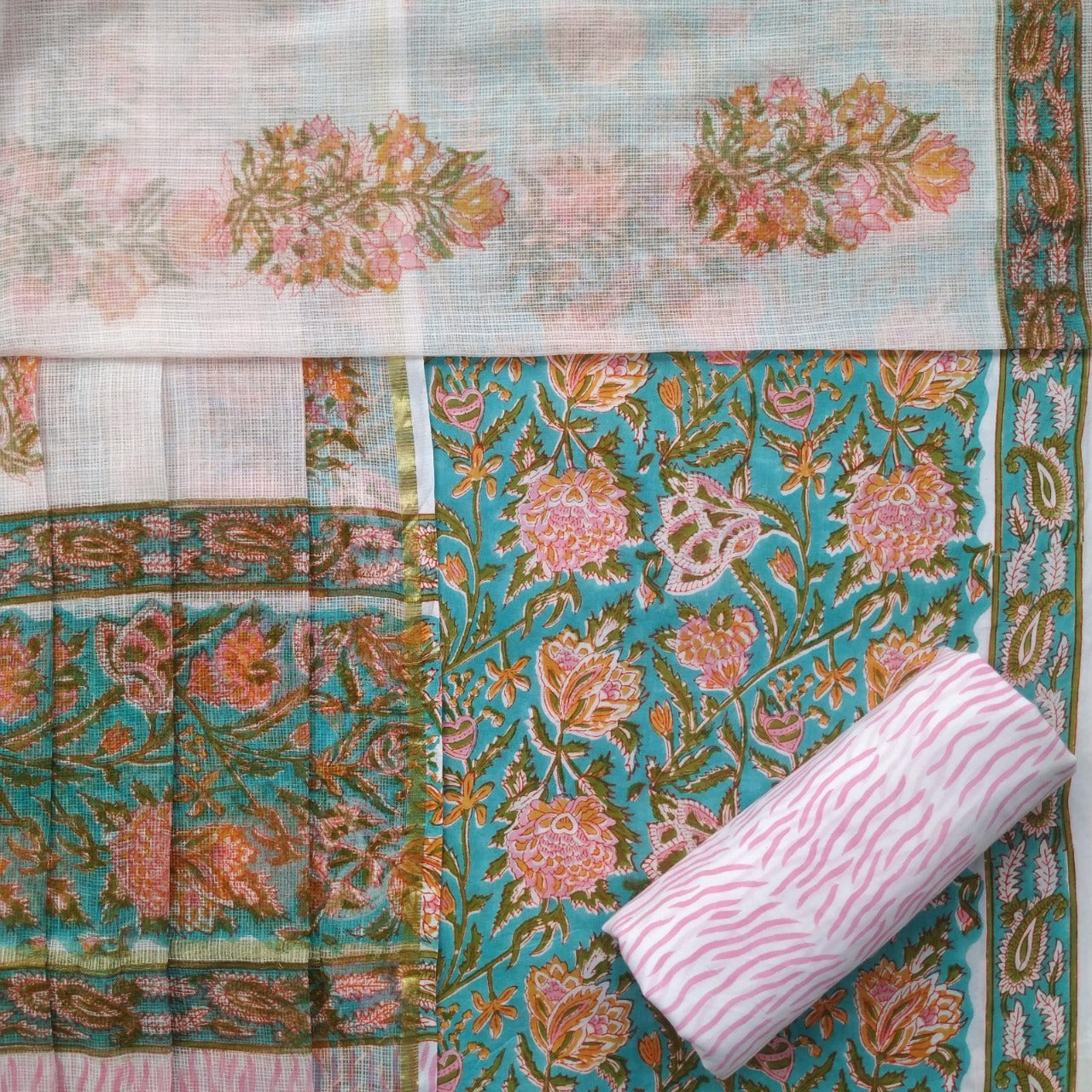 Traditional Jaal Block Print Pure Cotton Suit with Kota Doria Dupatta (3CKD159) - ShalviFashion