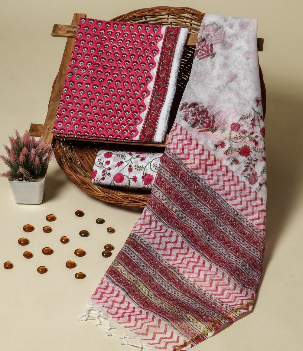 Shop Unstitched Hand Block Print Pure Cotton Suits with Kota Doria Dupatta (3CKD168)