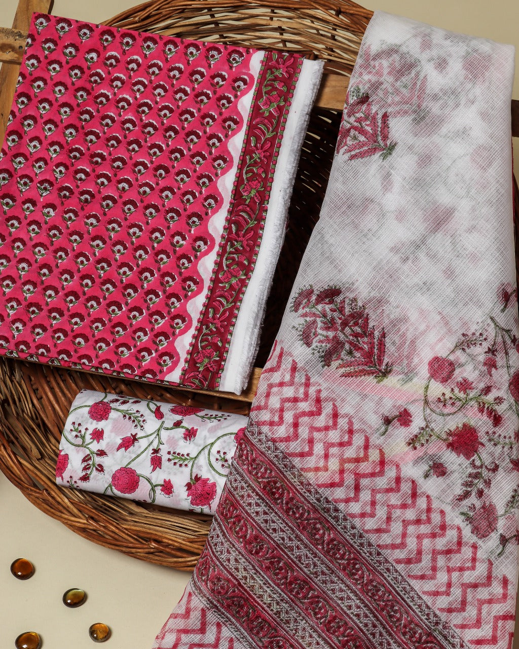 Shop Unstitched Hand Block Print Pure Cotton Suits with Kota Doria Dupatta (3CKD168)